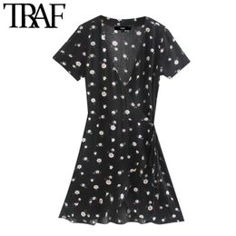 TRAF Women Chic Fashion Floral Print Wrap Mini Dress Vintage V Neck Short Sleeve Side Tie Female Dresses Vestidos 210415