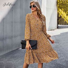 Long Dress Women Autumn Spring Casual Ladies Black Long Sleeve Floral Ruffle Ruched Button Up Dresses Clothes Vintage Fall 210415
