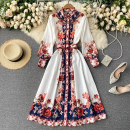 Spring Autumn Dresses for Women Casual Single Breasted Bohemia Long Vintage Stand Collar Floral Print 210423