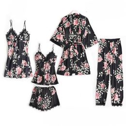 Pajamas Suit Satin Printed Sleepwear Women V-Neck Sleep Set Sexy Nightwear Loose Home Clothes Lounge Wear Kimono Robe Gown Q0706