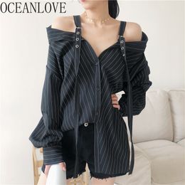 Black Striped Off Shoulder Women Blouses BF Style Korean Blusas Spring Autumn Streetwear Tops Loose 14185 210415