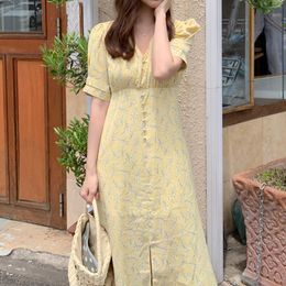 Vintage Floral Split Dres Chiffon Puff Sleeve Long Fairy Female Korean Designer High Waist Beach Summer 210604