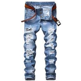 Casual Men Jeans Solid Slim Fit Full Lenght Pencil Pants Plus Size Light Blue Fashion Denim Jeans for Men Ripped Male Trousers G0104