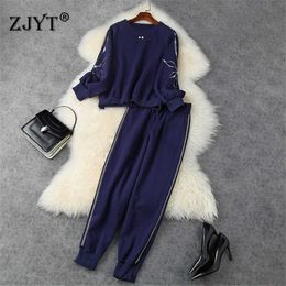 High Street Fashion Autumn Winter Two Piece Outfit Women Beading Sequined Loose Hoodies Top and Pants Suit Matching Set Casual 210601