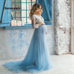 Real Photo Lace Formal Pregnant dress Long Sleeve Tulle Royal Blue Prom Gown Evening Dresses Plus Size 2021 Party