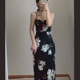 WOMENGAGA Print Black Floral Tank Long Dress Slim Beach Maxi es Korean Vintage Women Sweet 85OV 210603