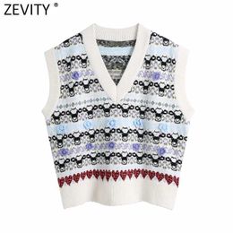 Zevity Women Fashion V Neck Flower Appliques Crochet Knitting Sweater Female Sleeveless Casual Vest Chic Pullovers Tops S679 210603