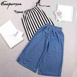 Girls Fashion Clothes Set Sleeveless Striped Blouse Shirt and Jeans Wide Pants Children Clothing Set Summer Outfits Cute Kid Set G220310