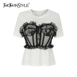 TWOTWINSTYLE Patchwork Lace Tube Top T Shirt For Women O Neck Short Sleeve Casual T Shirt Female Summer Fashion New Clothes 210401