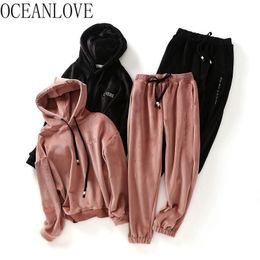 Velour Tracksuit Women Embroidery Letter Hoodies High Waist Pants Autumn Clothing Winter Warm Two Piece Set 17757 210415