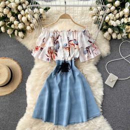 DEAT Women Print Ruffles Stitching Slash Neck Denim Dress Short Sleeve High Waist Fashion Spring Summer 11B7 210709