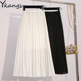 Summer Women Elegant Pleated Skirt High Waist White Long Female Ladies Quality Midi Black Saia 210421