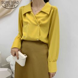 Blusas Mujer De Moda Autumn Korean V Collar Button Loose Chiffon Women Blouses White Women Shirts Temperament Solid 6596 50 210527
