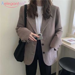 Aelegantmis Korean Casual Office Lady Blazer Jackets Women Loose Work Suit Coat Vintage Elegant Outwear OL Pockets Chic 210607