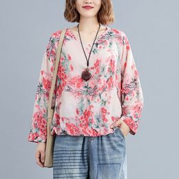 Women Cotton Linen Casual T-shirts New Arrival Spring Vintage Style V-neck Floral Print Loose Female Long Sleeve Tops S3619 210412