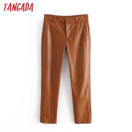 Tangada fashion women brown faux leather suit pants trousers pockets buttons office lady pants pantalon QN73 210609