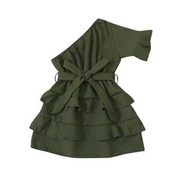 2-6Years Kid Girls Summer Dress Cute Short Sleeve One Shoulder Solid Color Belted Ruffle Dress Q0716