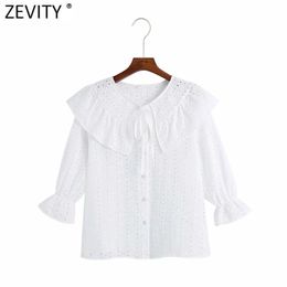 Women Sweet Hollow Out Embroidery White Ruffles Smock Blouse Female Peter Pan Collar Lace Shirts Chic Blusas Tops LS9266 210416