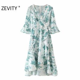 Zevity Women Fashion Cross V Neck Floral Print Autumn Midi Dress Female Flare Sleeve Irregular Ruffles Bow Sashes Vestido DS4578 210603