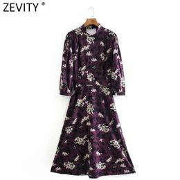 Women Vintage Stand Collar Flower Printing Sashes Midi Dress Femme Sexy Back V Hole Casual Slim A Line Vestido DS4845 210416