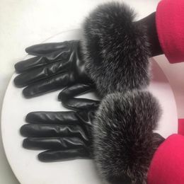 Autumn winter gloves Luxury warm fashion ladies Fox big fur mouth leather touch screen sheepskin Mittens