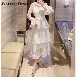 White Solid Woman's Dress Long Flare Sleeve High Waist Bodycon Ruffle Neck Elegant Party Maxi Dresses Female Clothing 210603