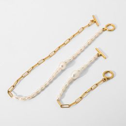 Link, Chain 18K Gold Plated Stainless Steel Bracelet Necklace For Women Half Freshwater Pearl OT Stick Buckle Chokers Jewellery