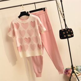 arrival Beaded Heart Shape Short-sleeved Sweater + Elastic waist Pants Women Sweet 2pcs Suit Ladies Summer Clothing Set 210519