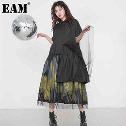 [EAM] Women Black Pattern Printed Mesh Big Size Shirt Dress Lapel Short Sleeve Loose Fit Fashion Spring Summer 1T86201 21512