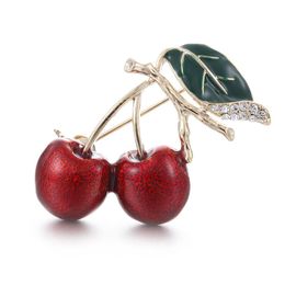 Pins, Brooches Fashion Lovely Green Leaf Cherry Brooch Red Drop Oil Chest Flower Daily Wea