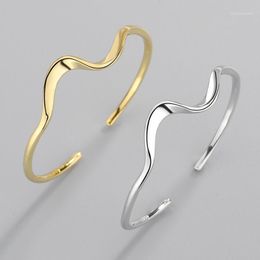 Simple Wave Shape Couple Bangle Bracelet Gold Silver Color Open Cuff For Lover's Adjustable Size