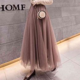 Summer Tulle Skirts Midi Pleated Skirts Black Tulle Skirt Women Spring Fashion Elastic High Waist Mesh Tutu Skirts 210721