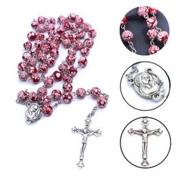 8mm 76cm Polymer Clay Bead Rosary Cross Pendant Necklace Virgin Mary Centrepieces Christian Catholic Religious Jewellery Gift