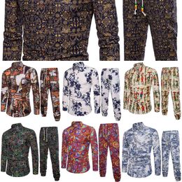 2019 New Boutique Cotton and Linen Fashion Printing Casual Long-sleeved Shirt + Pants Men's Fashion Casual Suits Set Male X0610