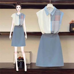 Summer Women Two Piece Set Fashion Hit Colour Print Turn Down Collar Shirt Tops + High Waist A-Line Mini Skirts Suit 210519
