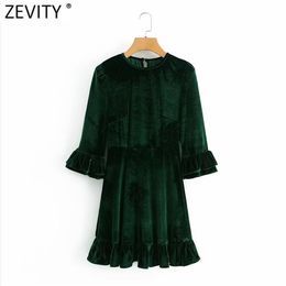 French Style Women Elegant O Neck Slim Velet A Line Dress Ladies Three Quarter Sleeve Back Zipper Ruffles Vestido DS4773 210420