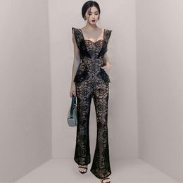 Summer Office Ladies Romper Women O-Neck Sleeveless Wide Leg Split Jumpsuit Female Solid Slim Long Playsuit With Belt 210514