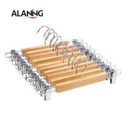 10 Pcs High-Grade Wooden Pants Hangers with Stainless Steel Clips Solid Wood Skirt Hanger Trousers Rack Clip Clothes Pegs 210702