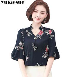 Elegant Office Women Blouse silk O-neck Women Tops Shirt Blouse Female OL Wear short Sleeve Summer Autumn Tops Plus Size 210519