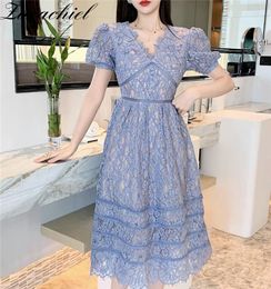 Summer Runway Classic Eyelash Lace Women Puff Short Sleeve V-Neck V Back Hollow Out High Waist Slim Midi Dress 210416