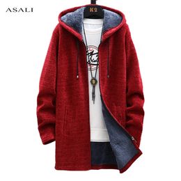 Spring Men's Slim Sweaters Men Fleece Cardigan Hoodie Casual Long Hooded Thick Warm Coat Mens Clothing 210812