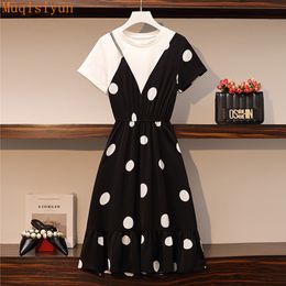 Summer Dress For Women O Neck Short Sleeve Cotton Retro Polka Dot Print Patchwork Chiffon Ruffle Midi Dresses 210428