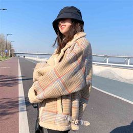 Lamb wool short down cotton padded jacket women's Korean loose winter plaid 210922