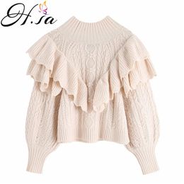 H.SA Women Sweaters Turtleneck Pullover Jumpers Lantern Sleeve Knitted Chic Ruffles Twisted Sweater Jumper 210417