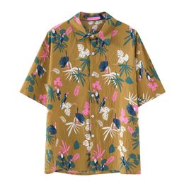 PERHAPS U Hawaii Yellow White Flower Floral Print Turn Down Collar Button Loose Shirt Short Sleeve Summer Women B0104 210529