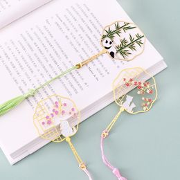 Bookmark TUTU Retro Folding Fan Design Brass Tasseled Hollowed Book Clip Pagination Mark Stationery School Office Supply H0546