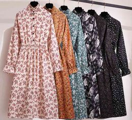 Long Sleeve Dress Women Cotton Vintage Floral Button Shirt Summer Casual Elegant Party 210428