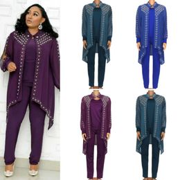 Ethnic Clothing Drillong Beads Chiffon Women African Clothes 3 Pieces Outfits Kanga Suits Tops Vest Pants Africa Sets 2021 Fashion