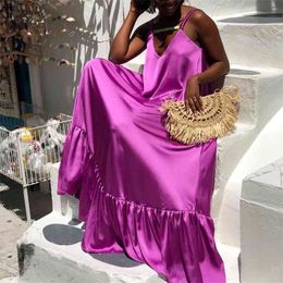 purple african dresses Australia - African Women Purple Spaghetti Strap Dress Floor Length Loose Backless Solid Sexy Evening Night Party Club Wear Long Vestidos 210510