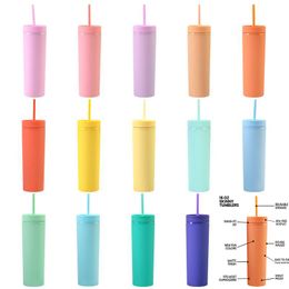 SKINNY water Tumblers double-layer plastic frosted 16OZ straight body can be Customised blue double layer straw cup